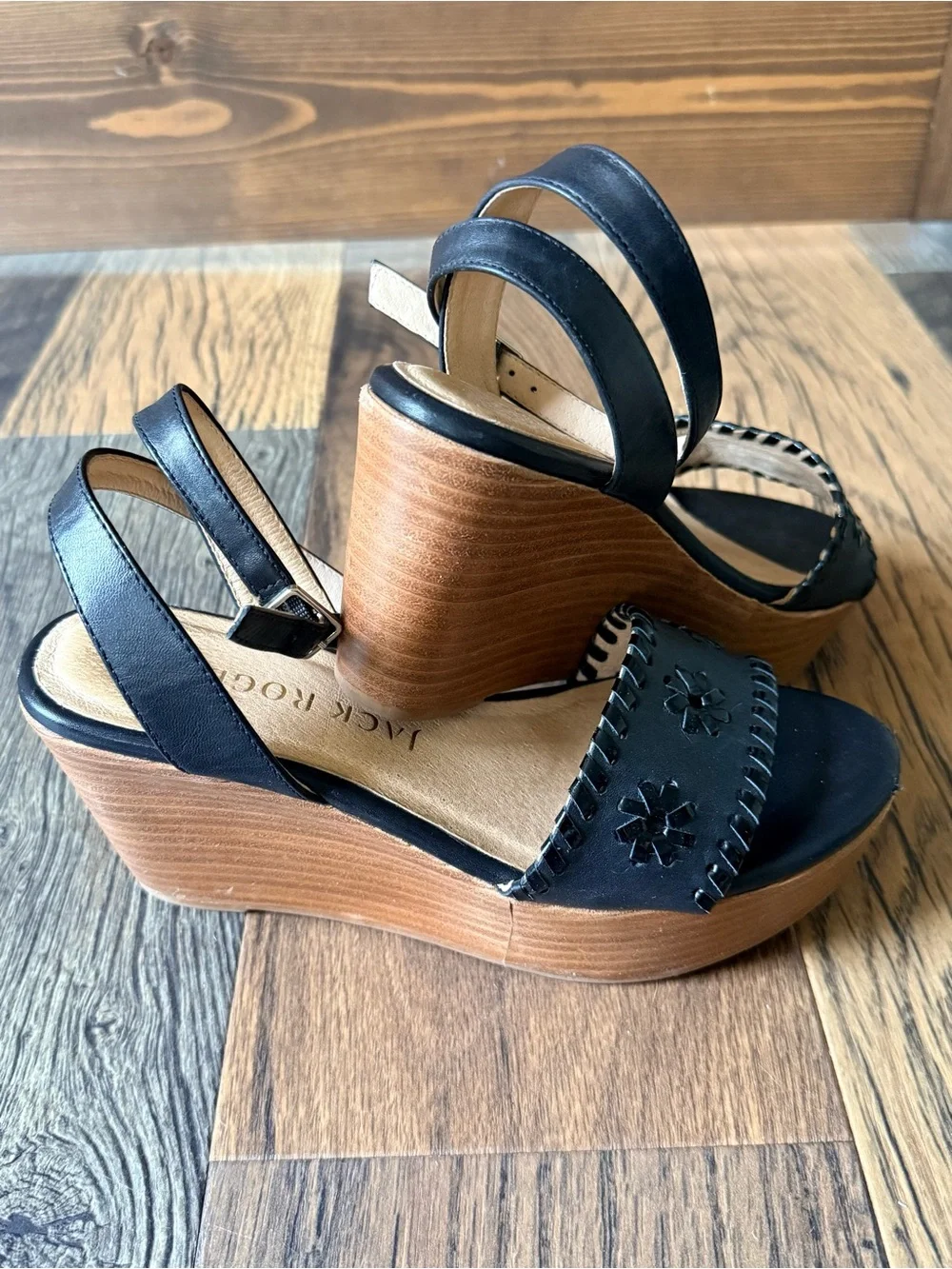 Jack Rogers Black Leather Floral Cutout Wedge Sandals